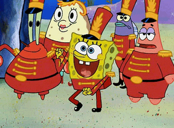 spongebob dancing excitedly in his band uniform