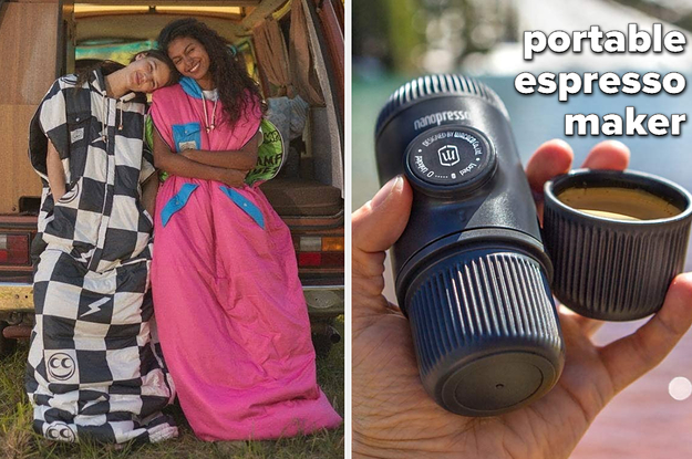 two people wearing sleeping bags, a person holding a portable espresso maker