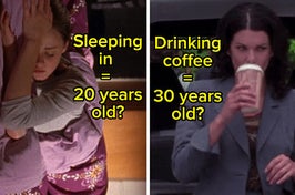 Rory Gilmore sleeps in bed and Lorelai Gilmore drinks a takeout cup of coffee