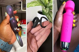 Hand holding frosted glass dildo, reviewer holding black dual cock ring and reviewer holding pink mini wand vibrator