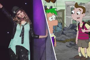 The cast of "Shake it Up" appears on stage with "Phineas and Ferb" on the right