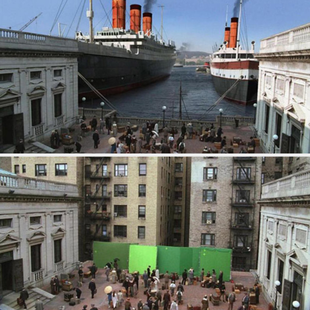A crowd of people standing in front of two huge docked ships in one scene and in front of a small green screen with tenement houses behind it in another