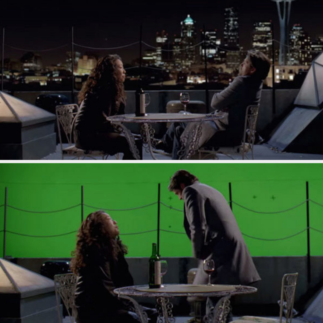 Cristina sitting at a table with a man and glasses of wine, with a city skyline at night in one scene and a green screen in another