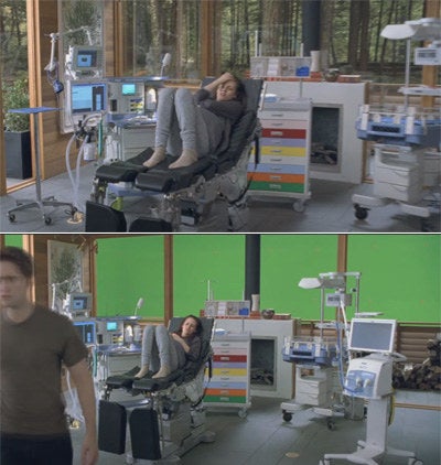 A medical office with a natural landscape seen through the windows in one photo and a green screen in another