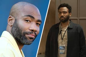 Donald Glover wears a yellow suit with his head shaved. He also appears in brown shirt and dark jacket as his "Atlanta" character Earn.