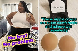 L: a reviewer wearing a white racerback crop top and text reading "No bra? No problem.", RA: a reviewer photo of nipple covers and a quote reading "These nipple covers are super comfortable and adhere well repeatedly"