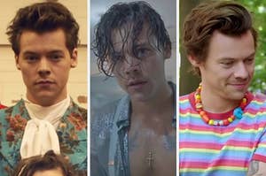 On the left, Harry Styles in the Kiwi music video, in the middle, Harry in the Lights Up music video, and on the right, Harry Styles on The Late Late Show