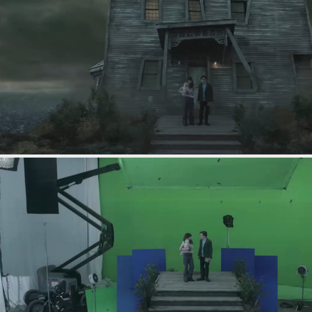 Two people standing on steps in front of a decrepit house in one scene and on steps in front of a green screen in another