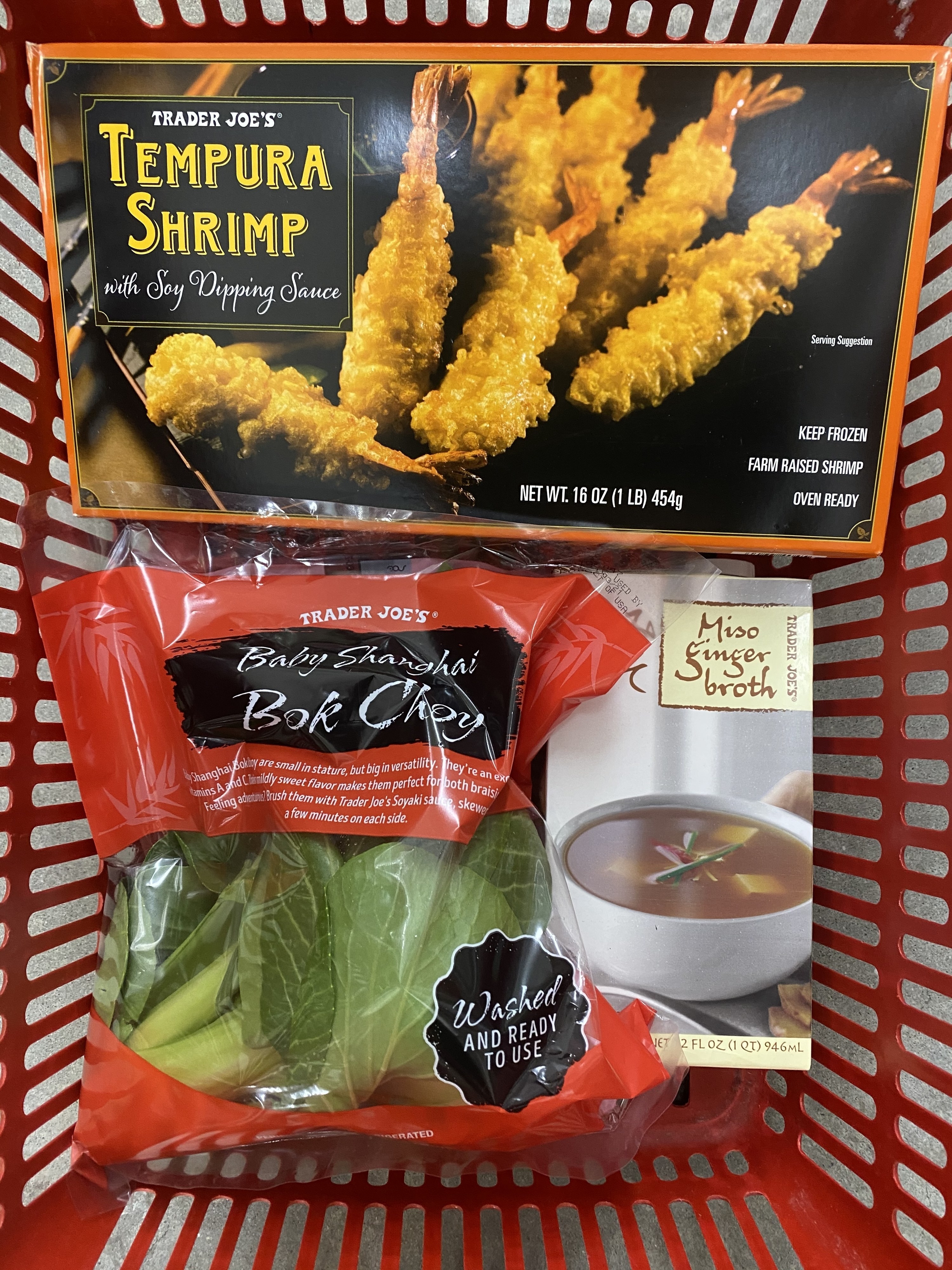 A shopping cart of Trader Joes products