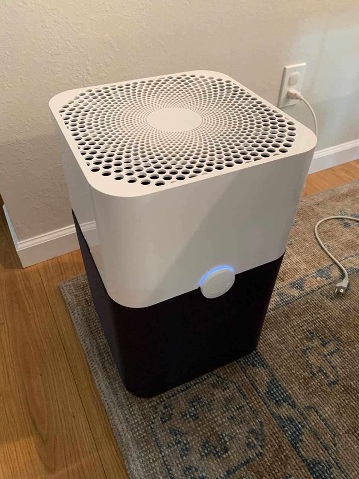reviewer image of the air purifier on a rug