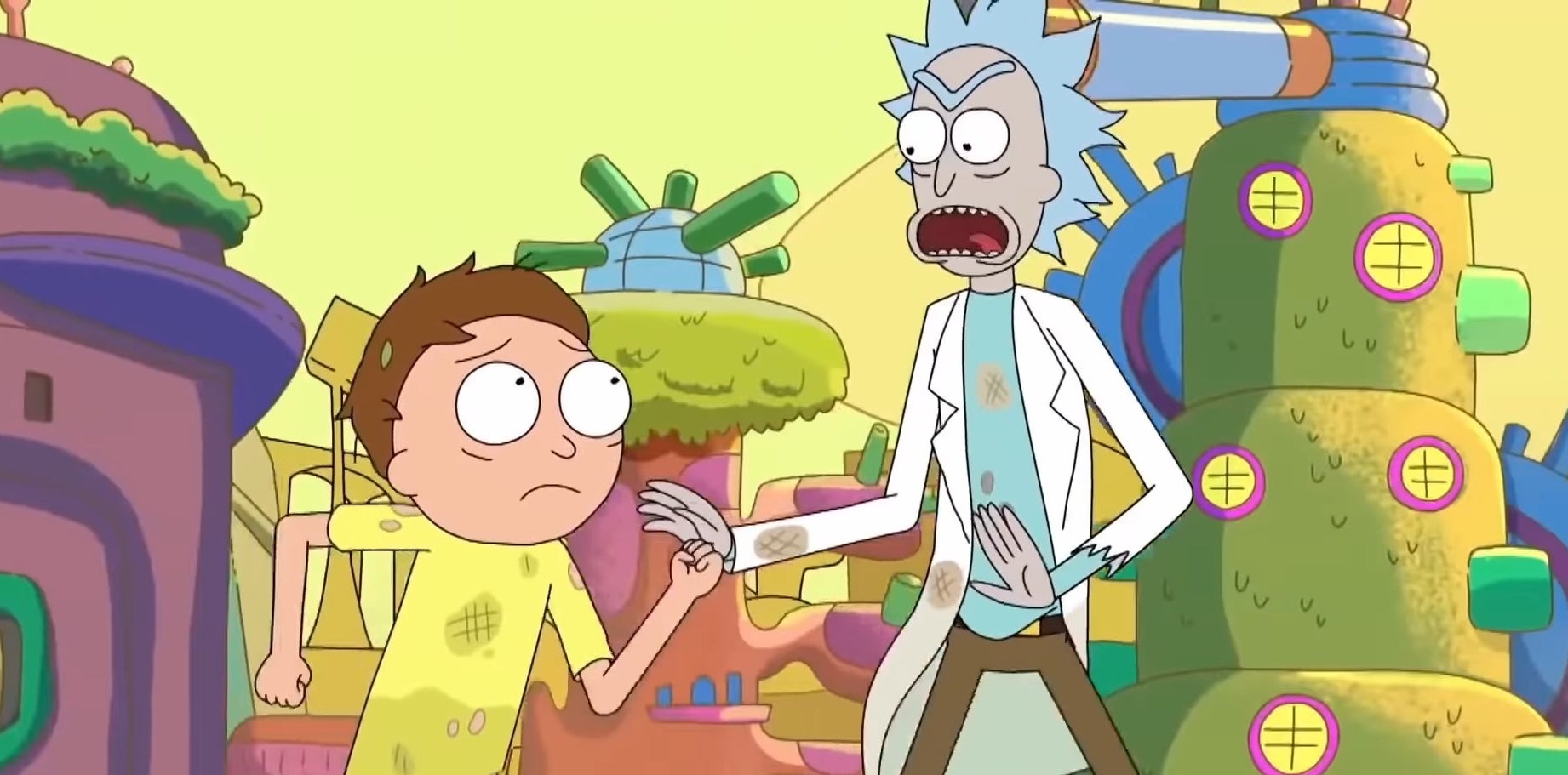 Rick and Morty running through Rick&#x27;s microverse in &quot;Rick and Morty&quot;