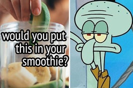 A woman is making a smoothie labeled, "would you put this in your smoothie?" with Squidward on the right