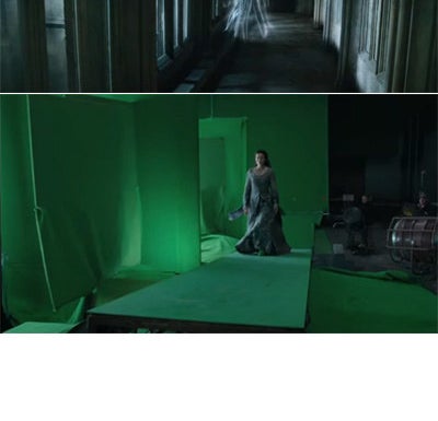 Ghostly figure floating in a hallway in one photo and an actor walking along a platform with a green screen in another