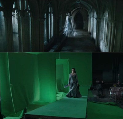 Ghostly figure floating in a hallway in one photo and an actor walking along a platform with a green screen in another