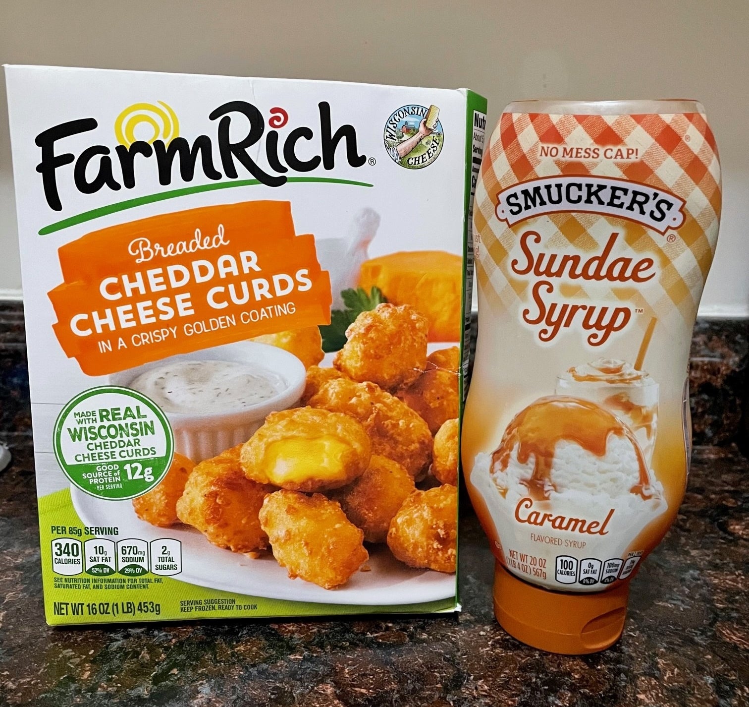 Farm Rich cheese curds and caramel syrup