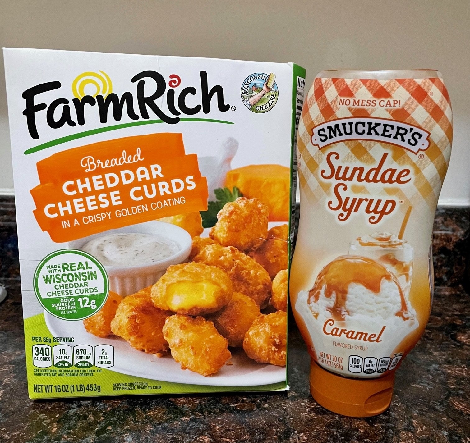 Farm Rich cheese curds and caramel syrup