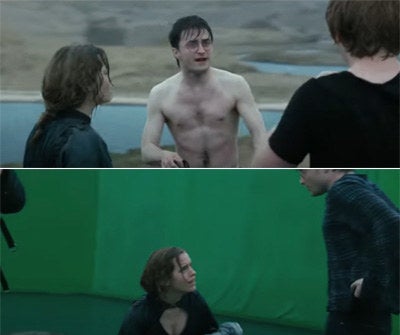 Actors, including a bare-chested Harry, in front of a lake in one scene and a green screen in another
