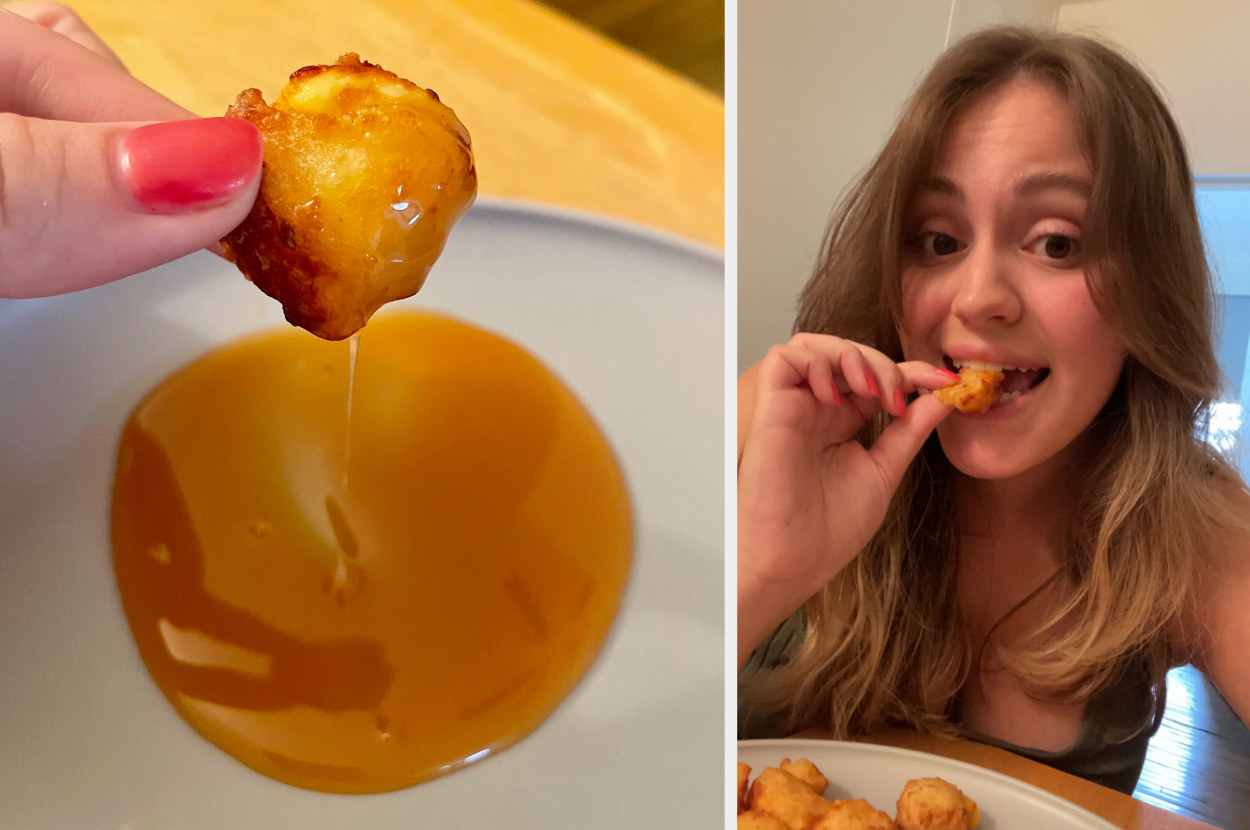 Hannah eating cheese curds dipped in caramel