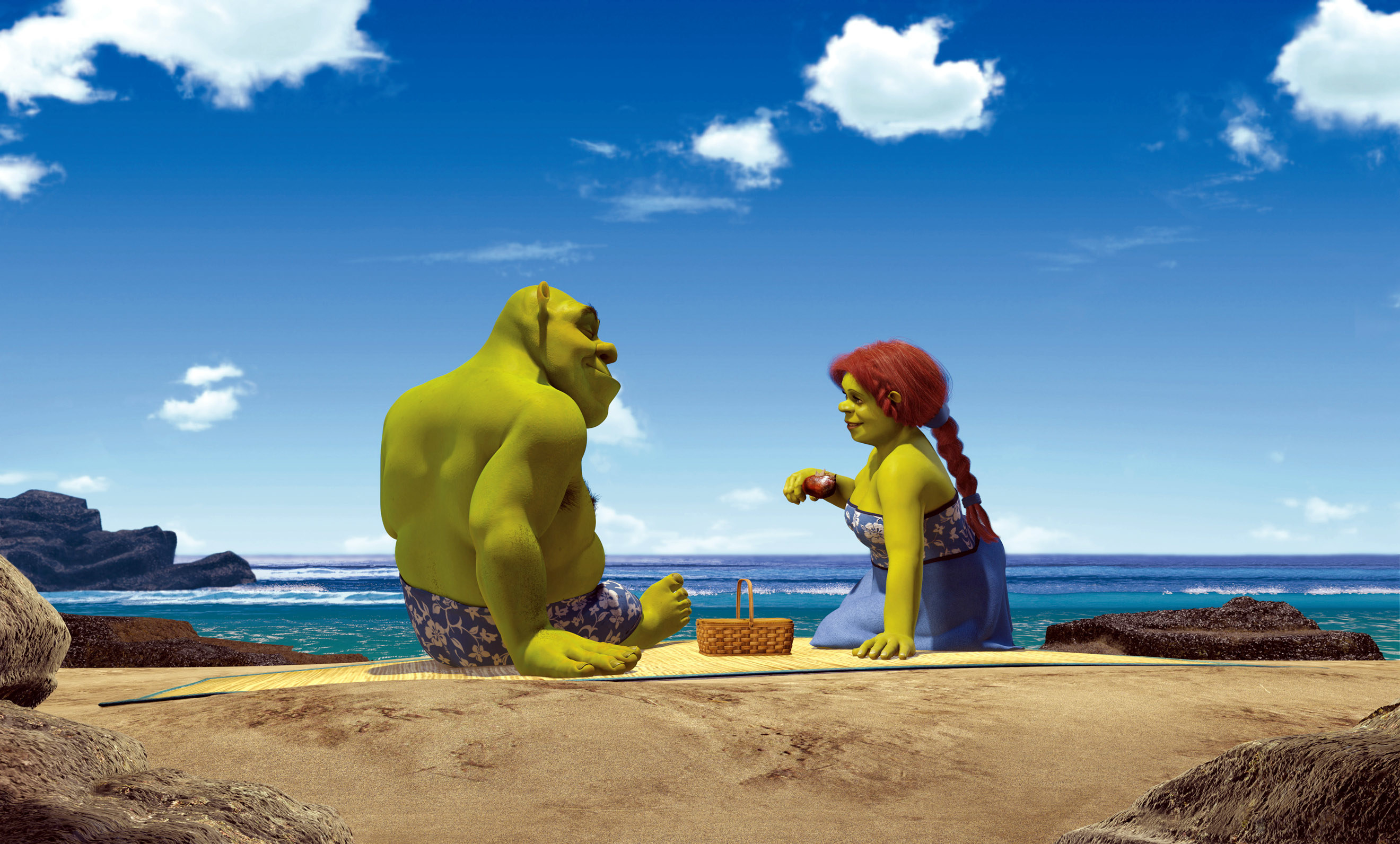 Shrek and Princess Fiona at the beach.