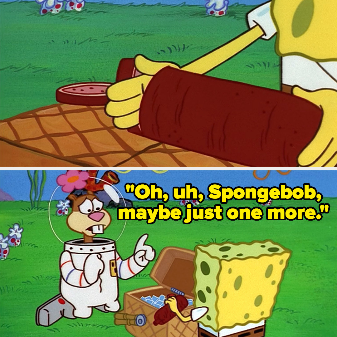 spongebob karate-chopping their picnic foods