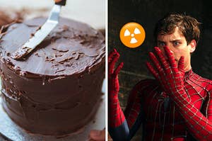 chocolate cake on the left and spiderman on the right
