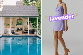 On the left, a house with a pool out back, and on the right, a mini dress with straps that tie labeled lavender