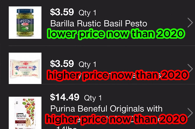 Pesto with the caption "lower price now than 2020" and rice with the caption "higher price now in 2020"