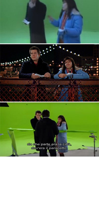 The same scene on a bridge and then with a green screen behind it