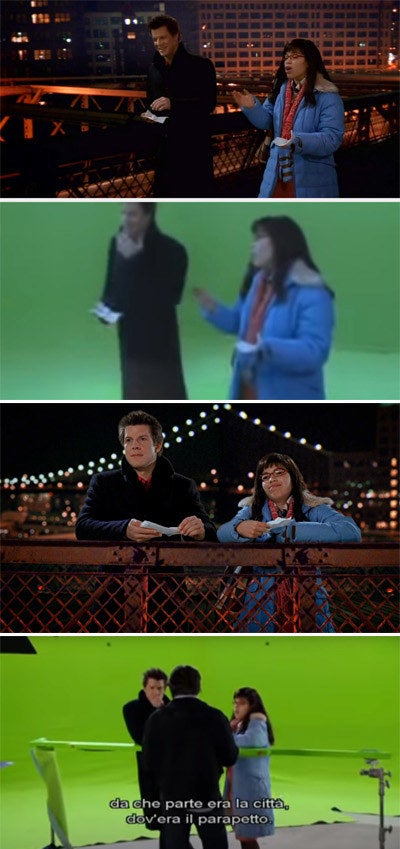 The same scene on a bridge and then with a green screen behind it