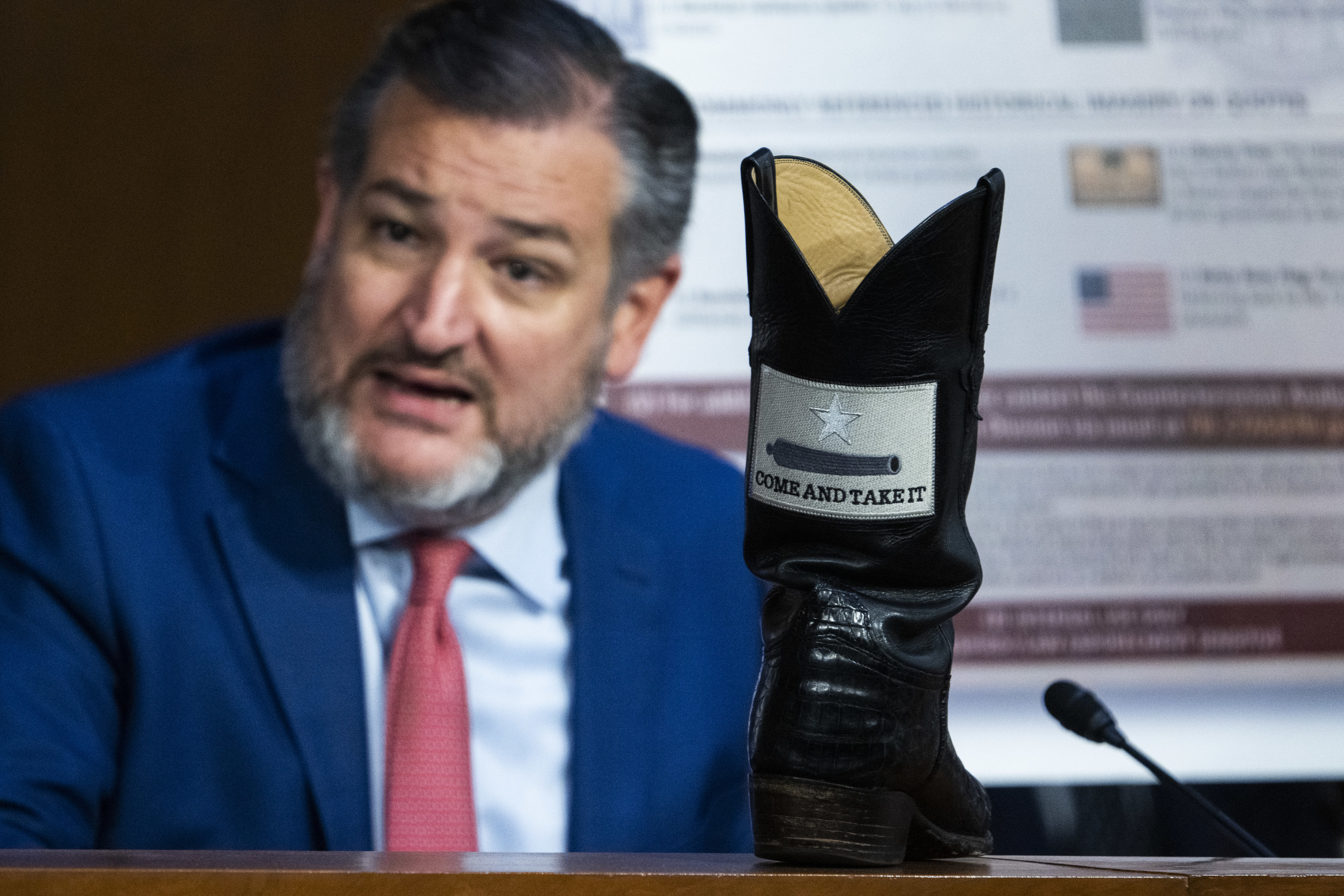 Sen. Ted Cruz, R-Texas, displays his cowboy boot