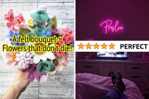 on the left a felt flower bouquet; on the right a pink neon sign on a wall