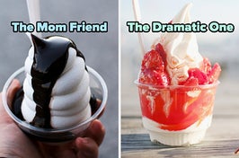 On the left, a hot fudge sundae labeled the mom friend, and on the right, a strawberry sundae labeled the dramatic one