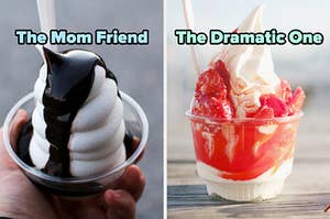 On the left, a hot fudge sundae labeled the mom friend, and on the right, a strawberry sundae labeled the dramatic one