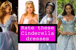 Different versions of Cinderella are shown and labeled, "Rate these Cinderella dresses"