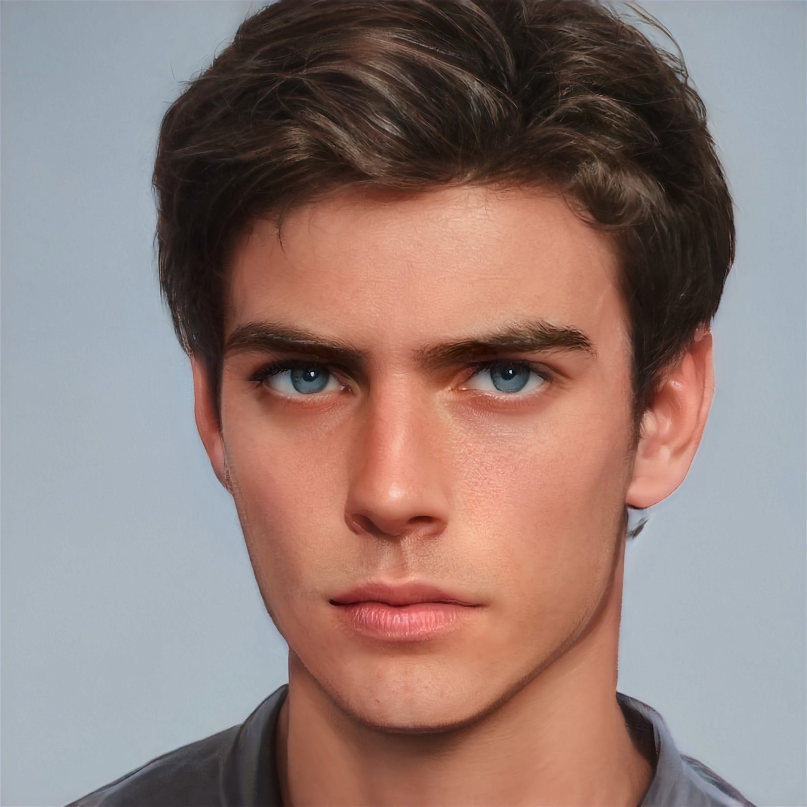 character with dark brown hair and blue eyes