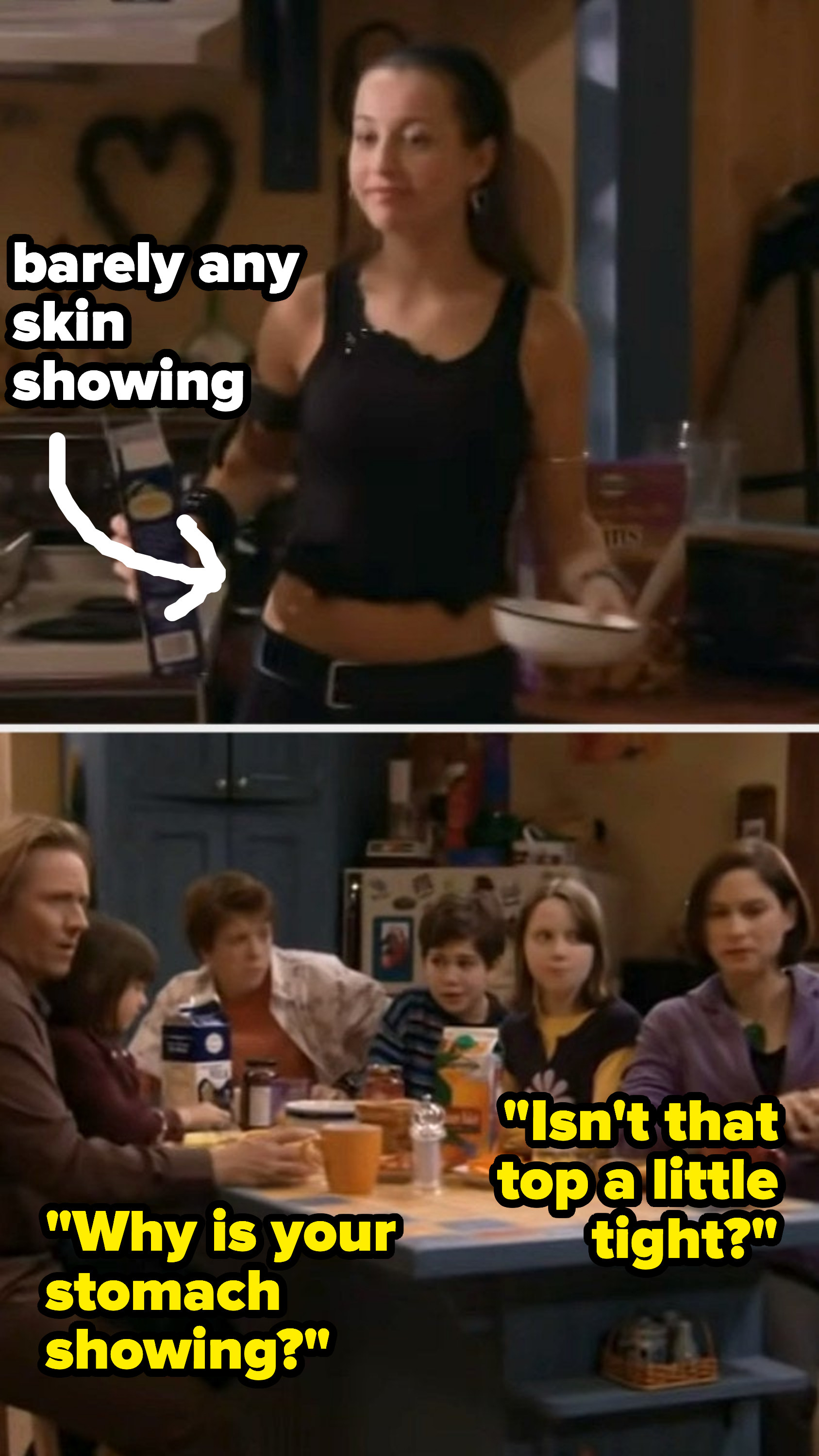 the family shocked around the dinner table as casey shows up with a tank top and tiny bit of midriff showing