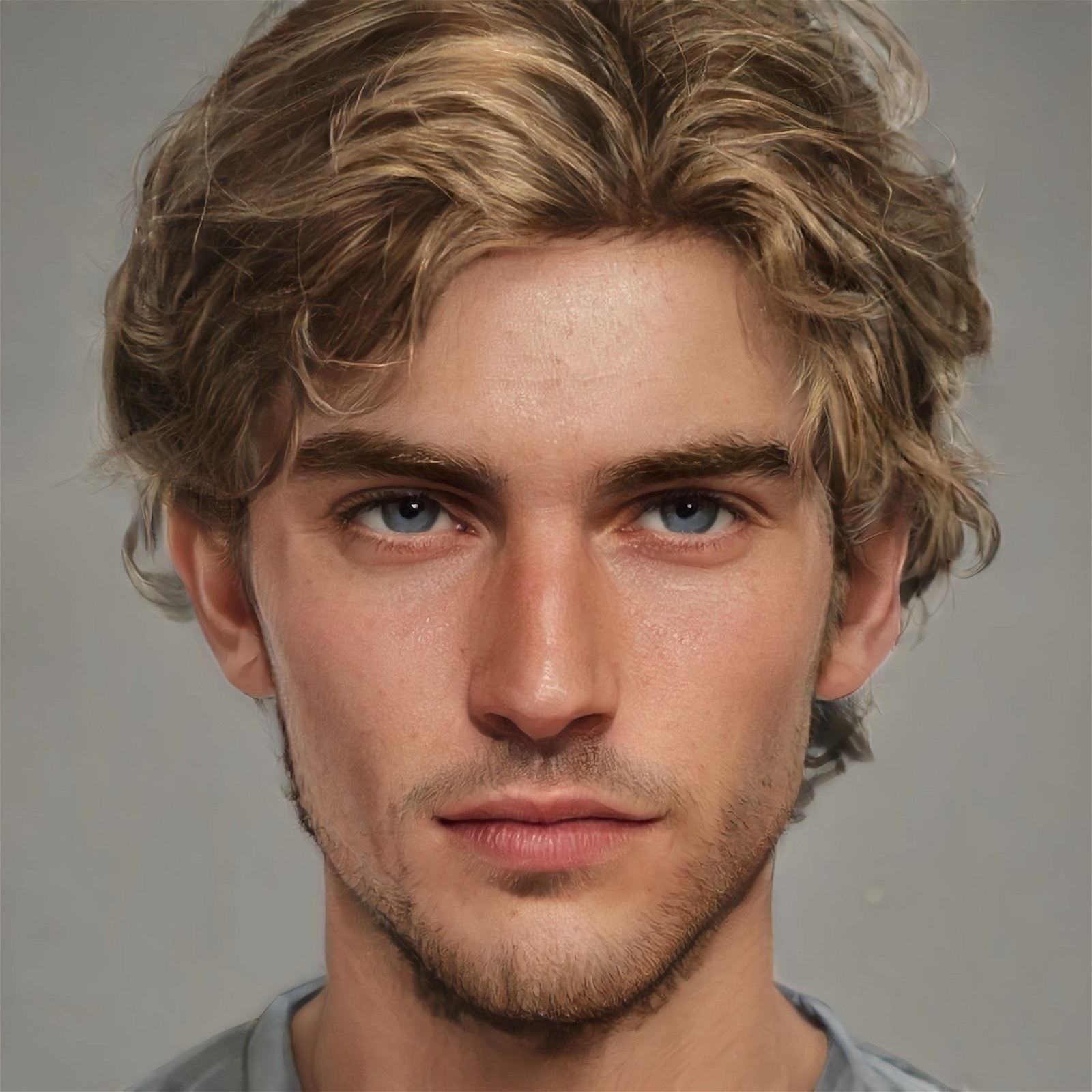 a character with wavy blonde hair and sea blue eyes