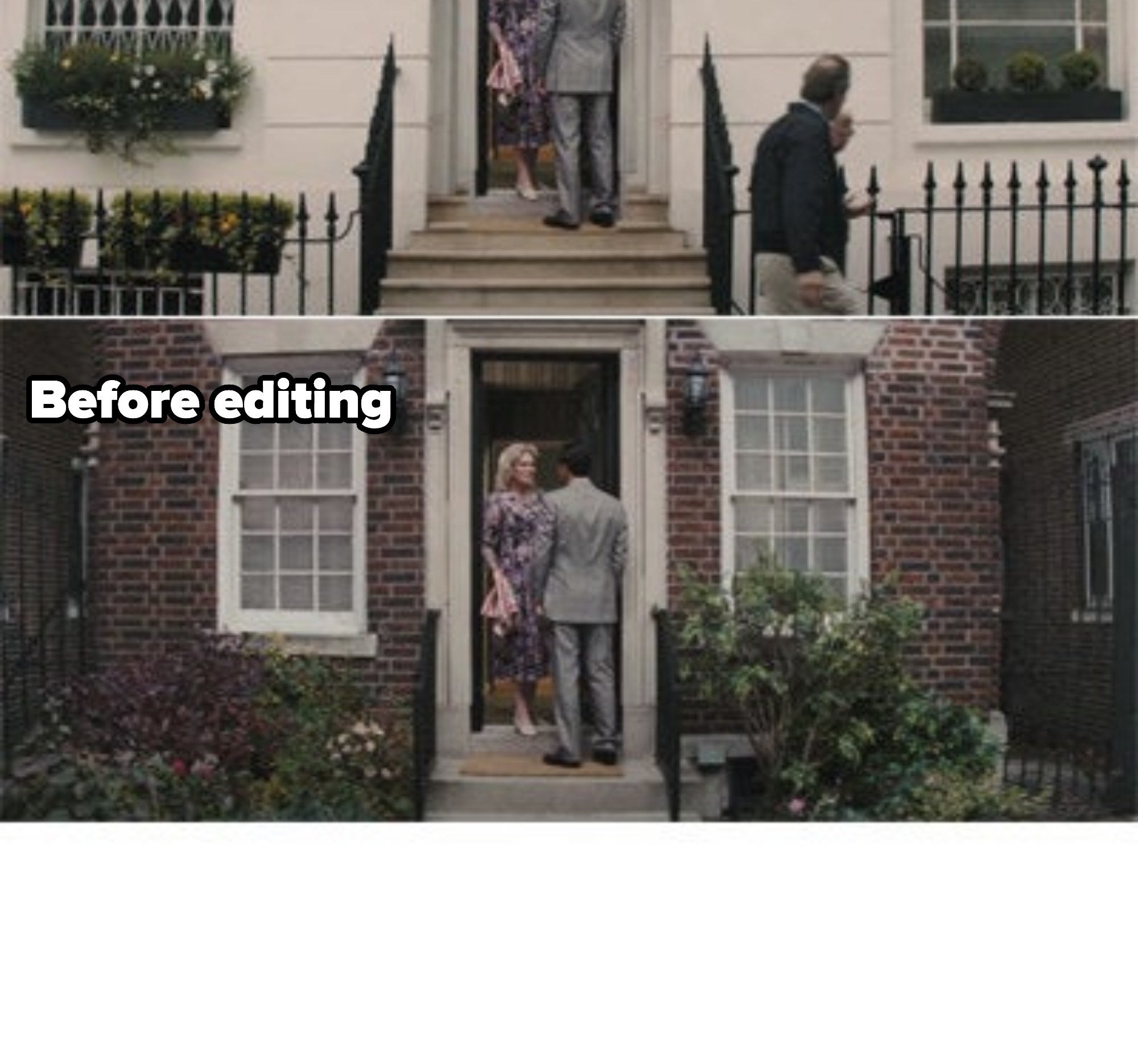 Two people standing at the front door of a house that is brick in one scene and looks like white molding in another, with larger windows