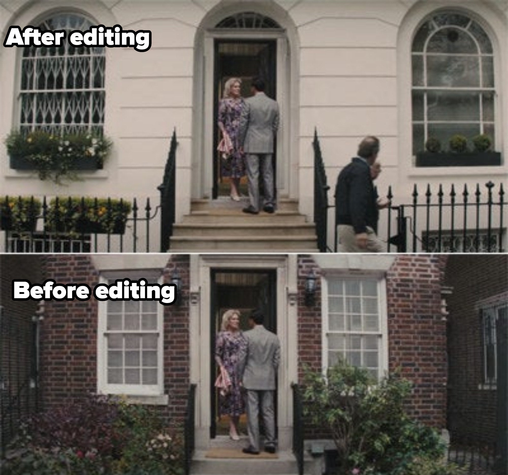 Two people standing at the front door of a house that is brick in one scene and looks like white molding in another, with larger windows