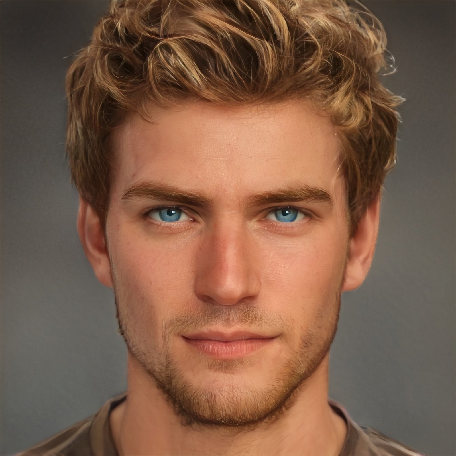 a guy with dark blonde hair and blue eyes