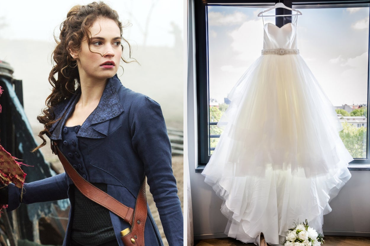 On the left, Lily James as Elizabeth Bennet in Pride and Prejudice and Zombies, and on the right, a wedding gown hanging in front of a window