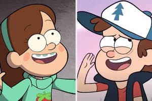 Mabel and Dipper from "Gravity Falls" face each other