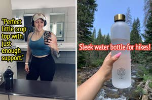 on left, reviewer pic of reviewer wearing a dark blue strapless gym crop top. on right, reviewer pic of reviewer holding sleek clear water bottle on hike