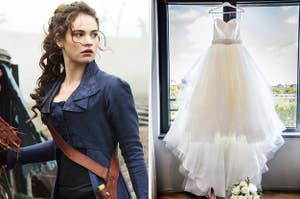 On the left, Lily James as Elizabeth Bennet in Pride and Prejudice and Zombies, and on the right, a wedding gown hanging in front of a window