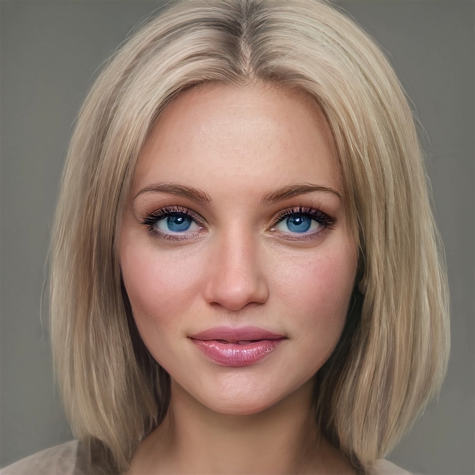 a girl with blue eyes and short blonde hair