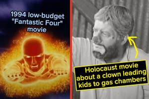 human torch in the fantastic four captioned "1994 low-budget fantastic four movie" and a clown captioned " Holocaust movie about a clown leading kids to gas chambers"