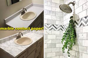 bathroom vanity with marble print contact paper on it, bundle of eucalyptus