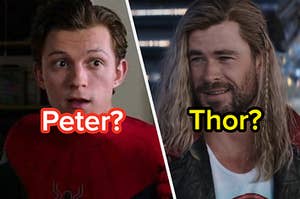 Peter Parker wears his Spider-Man suit and Thor wears a leather vest