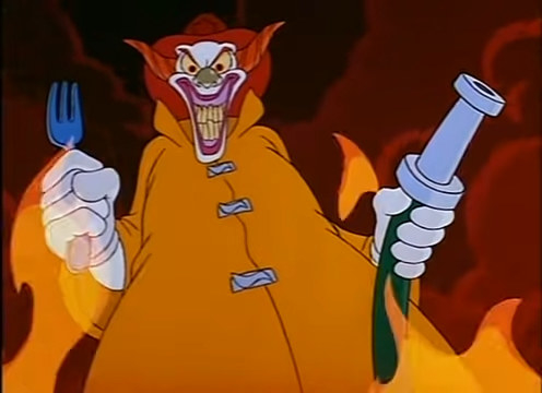 An evil looking clown dressed as a fireman holding a hose and fork