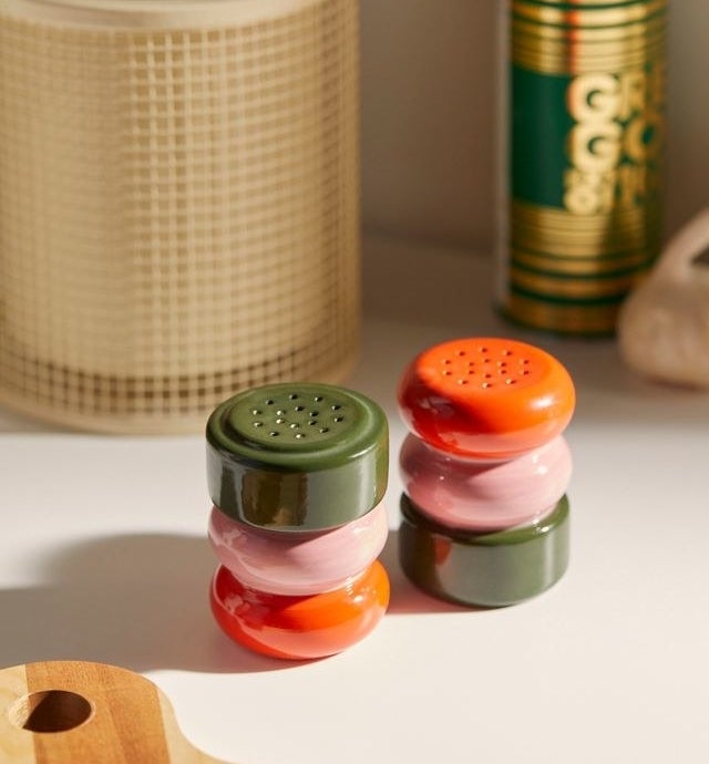 a colourful salt and pepper shaker on a kitchen counter